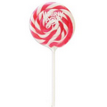 Pink and White Whirly Pop with a custom full color label